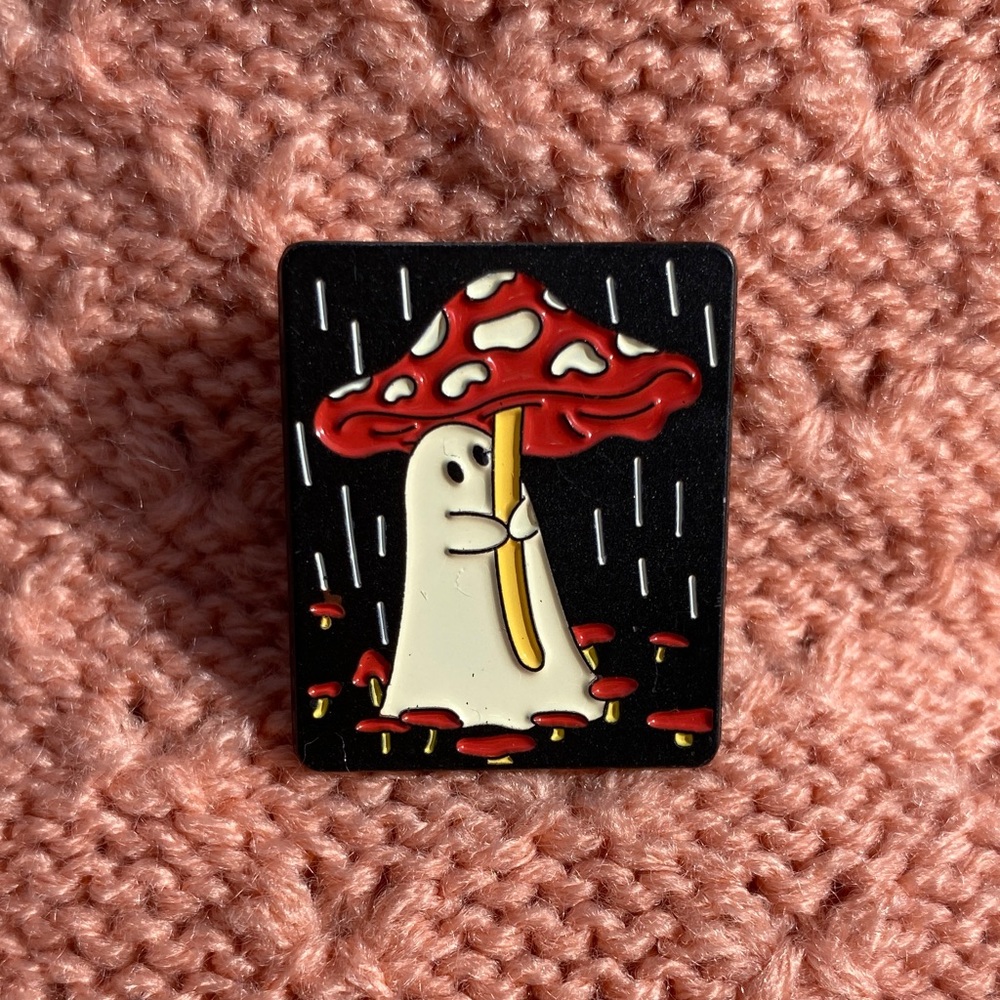 Mushroom Ghost Enamel Pin with Red and Black Design